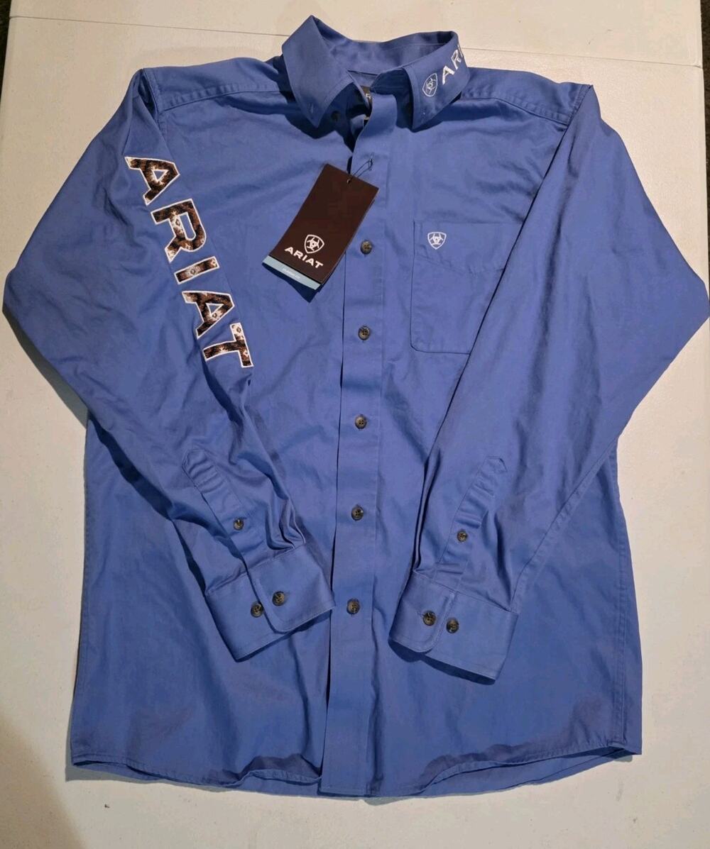 Ariat Team Logo Twill Shirt Mens Small Blue Long Sleeve Western NWT